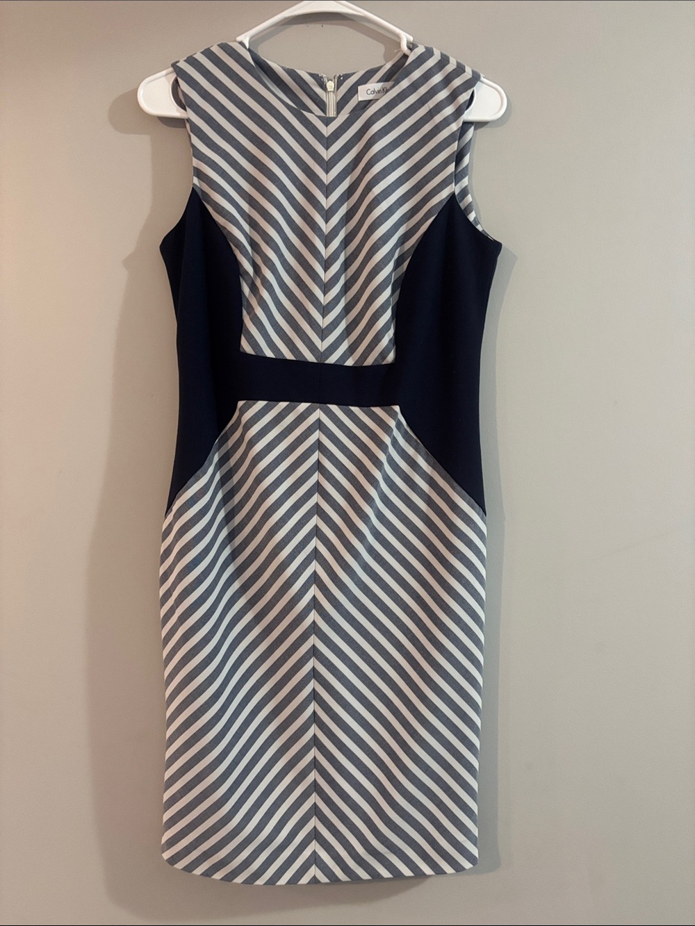 Calvin Klein Navy and White Chevron Sheath Dress with Side Panels